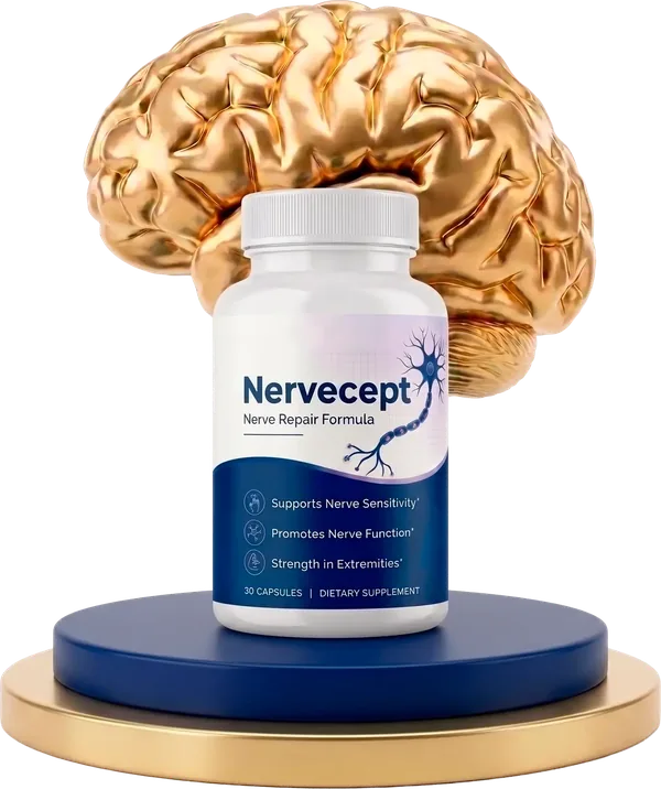 A Nervecept bottle on a gold podium