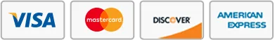 Payment logos: Visa, Mastercard, Discover and American Express