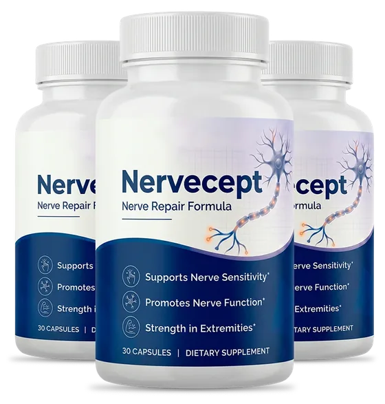 3 white Nervecept capsule bottles with the blue label