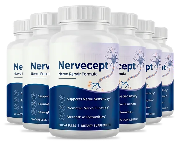 6 white Nervecept capsule bottles with the blue label