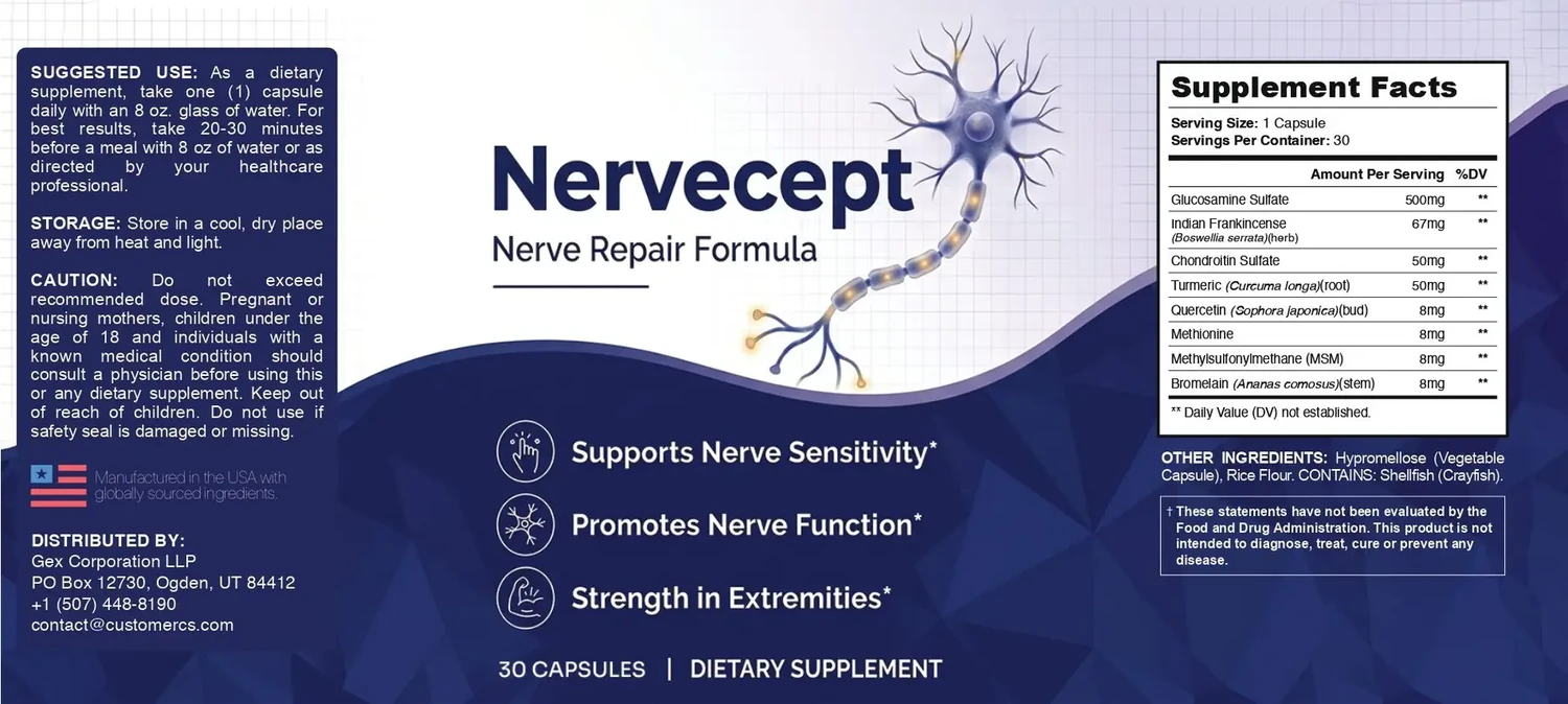 The flat Nervecept label: suggested use, storage, caution and distributor on the left; the Nervecept wordmark, Nerve Repair Formula and three starred claims in the middle; Supplement Facts on the right