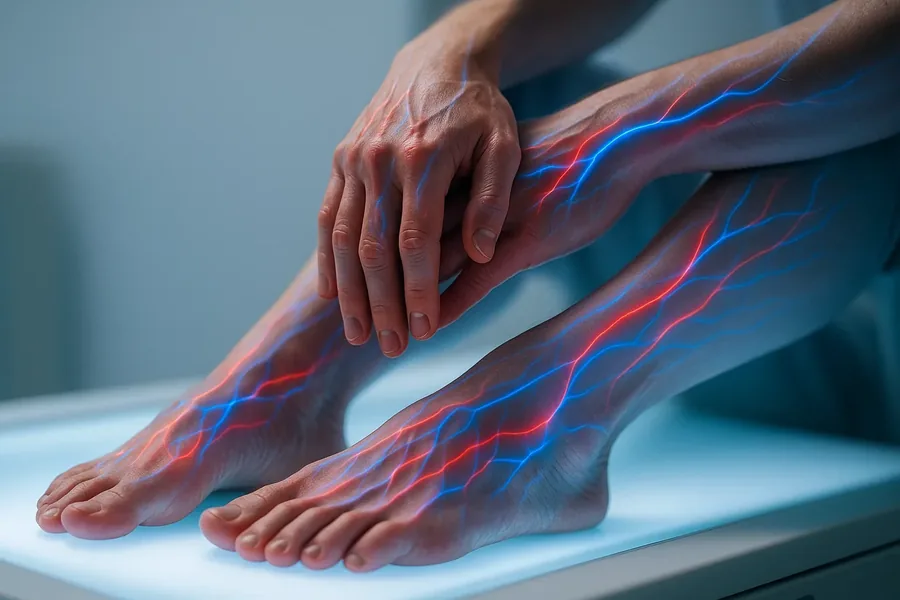Brand illustration of feet with a blue glow of nerves
