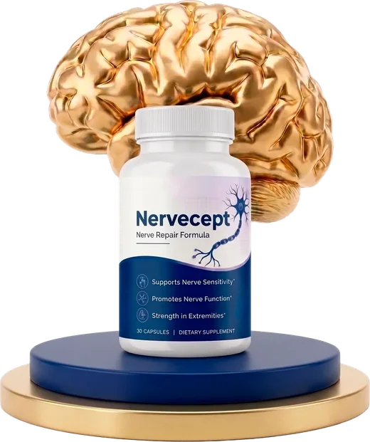 A white Nervecept capsule bottle with a blue label, standing on a navy and gold podium in front of a gold brain