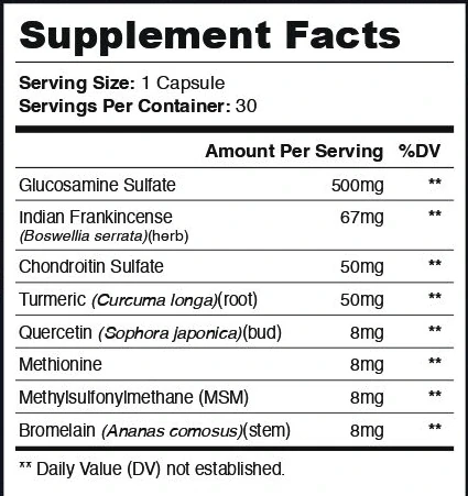 The Nervecept Supplement Facts panel: serving size 1 capsule, 30 servings, eight lines with amounts from 500 mg down to 8 mg, and the note that Daily Value is not established