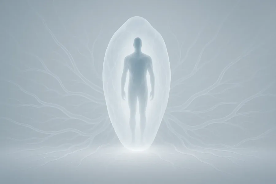 Abstract blue and gold illustration of a glowing body outline