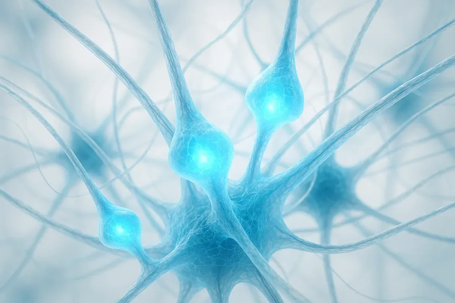 Brand illustration of a glowing network of nerve cells